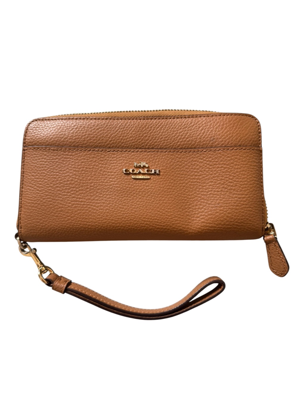 Coach Pebbled Leather Double Zip Around Wallet Clutch Wristlet Tan
